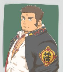 Rule 34 | 1boy, bara, bead bracelet, beads, blush, body hair, bracelet, brown hair, chest hair, cross scar, facial hair, gakuran, highres, houzouin oniwaka, jewelry, long sideburns, looking at viewer, male focus, muscular, open clothes, open shirt, partially unbuttoned, pectoral cleavage, pectorals, scar, scar on face, scar on forehead, school uniform, shirt, short hair, sideburns, simple background, solo, stubble, thick eyebrows, tokyo houkago summoners, upper body, white shirt, yanutorie