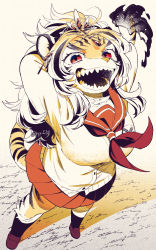 Rule 34 | 1girl, animal ears, animal nose, arms behind head, arms up, black fire, brown theme, durga (housamo), fangs, fangs out, fire, full body, furry, furry female, head chain, high ponytail, jewelry, kan (pyy c12), loafers, long hair, long sleeves, neckerchief, open mouth, perspective, pleated skirt, school uniform, serafuku, sharp teeth, shoes, skirt, smile, snout, socks, solo, sweater, tail, teeth, tiger ears, tiger girl, tiger tail, tokyo houkago summoners