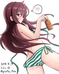Rule 34 | 1girl, alternate costume, ass, back, bikini, blush, butt crack, dated, from behind, giraffe (ilconte), green bikini, heart, highres, kantai collection, kisaragi (kancolle), long hair, looking at viewer, looking back, lotion, open clothes, open mouth, purple eyes, purple hair, side-tie bikini bottom, simple background, solo, spoken heart, striped bikini, striped clothes, sunscreen, swimsuit, twitter username, untied bikini, untied bikini top, white background