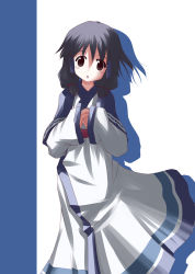 Rule 34 | 00s, 1girl, aruruu, black hair, blue eyes, blush, dress, fictional sister, japanese clothes, looking at viewer, silhouette, simple background, solo, utawarerumono, white background, white dress, wide sleeves