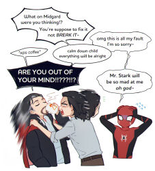 Rule 34 | 3boys, angry, animal print, animification, arms up, belt, black bodysuit, black coat, black hair, blue shirt, bodysuit, brown belt, brown pants, cloak, closed eyes, coat, collared shirt, covered collarbone, cup, doctor strange, drinking, english text, facial hair, flying sweatdrops, grey hair, grey shirt, hand up, hands on another&#039;s shoulders, hands on own head, hands up, holding, holding cup, loki (disney+), loki (marvel), long sleeves, looking at another, male focus, marvel, marvel cinematic universe, medium hair, multicolored hair, multiple boys, murdermuffinloki, open clothes, open coat, open mouth, pants, puffy long sleeves, puffy sleeves, red bodysuit, red cloak, shaded face, shirt, short hair, simple background, speech bubble, spider-man, spider-man: no way home, spider-man (series), spider print, standing, steam, sweat, teeth, tongue, two-tone bodysuit, two-tone hair, v-shaped eyebrows, white background