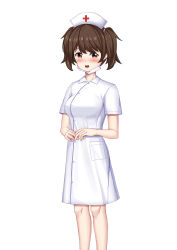 Rule 34 | 1girl, blush, breasts, brown hair, collared dress, commentary request, dress, feet out of frame, hat, highres, lenxiao, looking at viewer, mask, mask pull, medium breasts, mouth mask, nose blush, nurse, nurse cap, open mouth, original, own hands together, red eyes, round teeth, short hair, short sleeves, simple background, solo, surgical mask, teeth, twintails, upper teeth only, white background, white dress, white hat