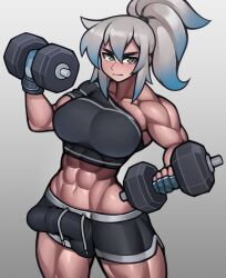 Rule 34 | 1futa, abs, absurdres, biceps, black shorts, black sports bra, blue gloves, blue hair, borrowed character, breasts, bulge, closed mouth, commission, exercising, fingerless gloves, futanari, gloves, gradient hair, green eyes, grey hair, highres, large breasts, looking at viewer, multicolored hair, muscular, muscular female, navel, original, roadi3, short hair, short ponytail, shorts, solo, sports bra, thick thighs, thighs, weightlifting