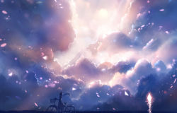 Rule 34 | 1girl, abstract, abstract background, backlighting, bicycle, bicycle basket, cloud, dress, light, long hair, original, petals, ponytail, sakimori (hououbds), sky, solo, wheel