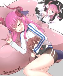 Rule 34 | 10s, 1girl, character doll, drooling, elizabeth bathory (fate), elizabeth bathory (fate/extra ccc), elizabeth bathory (second ascension) (fate), fang, fate/extra, fate/extra ccc, fate (series), gym uniform, horns, kishinami hakuno (male), long hair, moninora (moninora83), pink hair, pointy ears, shorts, sleeping, solo, two side up