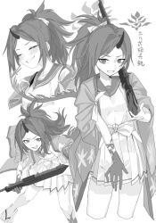 Rule 34 | 1girl, arisaka, blue archive, blush, bolt action, closed mouth, eyeshadow, greyscale, grin, gun, halo, hand tattoo, haori, hip vent, holding, holding gun, holding weapon, horns, japanese clothes, looking at viewer, makeup, medium hair, monochrome, multiple views, pleated skirt, ponytail, renge (blue archive), rifle, sailor collar, sideless outfit, single horn, skirt, smile, tattoo, twintails, umiwashi, weapon