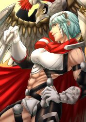 Rule 34 | 1girl, abs, aduti momoyama, animal, biceps, bird, blue hair, breasts, cape, closed mouth, dagr (fire emblem), eyelashes, fire emblem, fire emblem heroes, gloves, gradient background, grey eyes, hand on own hip, highres, light blue hair, medium breasts, muscular, muscular female, nintendo, red cape, short hair, short shorts, shorts, smile, white gloves, white shorts