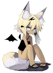 Rule 34 | 1girl, animal ears, bare shoulders, bat wings, between legs, blonde hair, blue eyes, blush, bright pupils, camisole, crop top, flip-flops, fox ears, fox tail, hair ornament, hairclip, hand between legs, kemonomimi mode, looking at viewer, no panties, original, paprika shikiso, sandals, short hair, simple background, sitting, sleeveless, solo, tail, tail censor, tears, white background, white pupils, wings