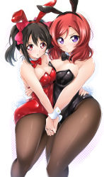 Rule 34 | 2girls, alternate breast size, animal ears, artist name, artist request, black pantyhose, closed mouth, detached collar, dot mouth, fake animal ears, female focus, hair between eyes, highres, leotard, love live!, love live! school idol project, multiple girls, nishikino maki, pantyhose, playboy bunny, rabbit ears, rabbit tail, red hair, short hair, simple background, thighs, white background, yazawa nico