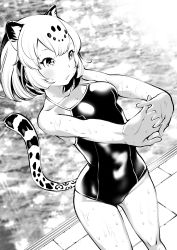 Rule 34 | 10s, 1girl, alternate costume, animal ear fluff, animal ears, bare shoulders, blonde hair, commentary request, fukushima masayasu, greyscale, highres, interlocked fingers, jaguar (kemono friends), jaguar ears, jaguar print, jaguar tail, kemono friends, monochrome, multicolored hair, one-piece swimsuit, poolside, short hair, sleeveless, solo, stretching, swimsuit, tail, water drop, wet, wet clothes