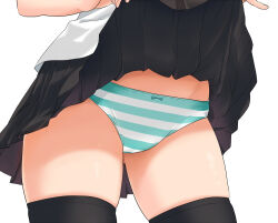 Rule 34 | 1girl, black skirt, black thighhighs, bow, bow panties, close-up, clothes lift, commentary request, commission, fugu custom, gluteal fold, lifted by self, original, panties, pleated skirt, shirt, simple background, skeb commission, skirt, skirt lift, solo, striped clothes, striped panties, thighhighs, underwear, white background, white shirt