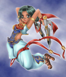 Rule 34 | 1041 (toshikazu), 1girl, armlet, arms up, dual wielding, green eyes, green hair, holding, looking at viewer, matching hair/eyes, open mouth, solo, soul calibur, soulcalibur iii, talim, tan, tonfa, weapon