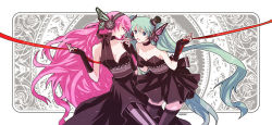 Rule 34 | 2girls, art nouveau, asymmetrical clothes, bad id, bad pixiv id, black thighhighs, bow, breasts, butterfly hair ornament, butterfly wings, choker, chris4708, cleavage, dress, fingerless gloves, gloves, green hair, hair ornament, hat, hatsune miku, headphones, holding hands, insect wings, interlocked fingers, long hair, magnet (vocaloid), megurine luka, mini hat, mini top hat, multiple girls, pink hair, ribbon, symbolism, thighhighs, top hat, twintails, very long hair, vocaloid, wide shot, wings, yuri, zettai ryouiki