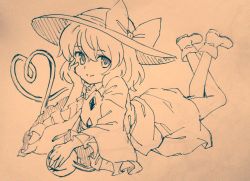 Rule 34 | 1girl, bow, collared shirt, frilled shirt collar, frilled sleeves, frills, hand on own face, happy, haramin3, hat, hat bow, highres, komeiji koishi, legs up, long sleeves, lying, monochrome, on stomach, shirt, short hair, skirt, smile, touhou, traditional media, wide sleeves