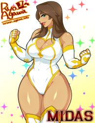 Rule 34 | 1girl, agawa ryou, artist name, bad id, bad tumblr id, blush, breasts, brown eyes, character name, character request, cleavage, cleavage cutout, clenched hands, clothing cutout, curvy, dark-skinned female, dark skin, elbow gloves, fingerless gloves, gloves, green eyes, grin, large breasts, leotard, lips, lipstick, makeup, mole, original, over-kneehighs, red lips, smile, solo, sparkle, thick thighs, thighhighs, thighs, watermark, web address, wide hips