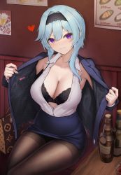 Rule 34 | 1girl, absurdres, alcohol, asymmetrical hair, bag, black bra, black pantyhose, blouse, blue hair, bottle, bra, breasts, cleavage, commentary request, condom, condom wrapper, contemporary, eula (genshin impact), genshin impact, hairband, handbag, heart, highres, large breasts, light blue hair, liquor, looking at viewer, office lady, open clothes, panties, panty peek, pantyhose, parted lips, partially undressed, pencil skirt, purple eyes, shirt, skirt, sleeveless, sleeveless shirt, smile, solo, terebi (shimizu1996), thighs, underwear, undressing