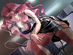 Rule 34 | 1girl, aoyama ryouko, dominatrix, femdom, fushidara, game cg, jujurou, looking at viewer, mole, open mouth, pink eyes, pink hair, solo, whip