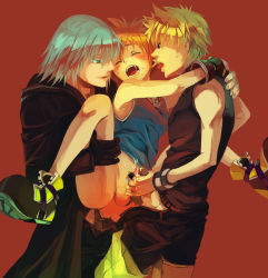 Rule 34 | 3boys, anal, blonde hair, blush, bottomless, brown hair, closed eyes, fingerless gloves, gloves, group sex, handjob, held up, holding, kingdom hearts, male focus, male penetrated, mmm threesome, multiple boys, open mouth, penis, penises touching, riku (kingdom hearts), roxas, saliva, selfcest, sex, short hair, silver hair, sora (kingdom hearts), spread legs, sweat, threesome, tongue, yaoi
