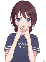 Rule 34 | 1girl, blue eyes, blue shirt, blush, brown hair, closed mouth, commentary, double v, girls band cry, highres, iseri nina, looking at viewer, low twintails, omochi tabeyo97, shirt, short hair, short sleeves, short twintails, signature, simple background, solo, twintails, upper body, v, white background
