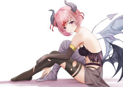 Rule 34 | 1girl, bandaged leg, bandages, bare back, barefoot, blush, breasts, closed mouth, demon girl, demon horns, demon tail, demon wings, doki doki literature club, elbow gloves, gloves, hair ornament, hairclip, halloween, highres, horns, looking at viewer, medium breasts, natsuki (doki doki literature club), no shoes, pink eyes, pink hair, short hair, simple background, single glove, single thighhigh, sitting, smile, solo, tail, thighhighs, wings, yami (rear4742)