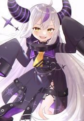 Rule 34 | 1girl, ahoge, ascot, belt, braid, braided bangs, collar, grey hair, highres, hololive, horns, la+ darknesss, la+ darknesss (1st costume), long hair, looking at viewer, megumaru (mgml mgmg), metal collar, multicolored hair, open mouth, pointy ears, purple hair, sleeves past fingers, sleeves past wrists, smile, solo, streaked hair, striped horns, virtual youtuber, yellow ascot, yellow eyes
