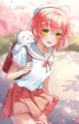 Rule 34 | 1girl, 35p (sakura miko), absurdres, backpack, bag, beret, blush, cat hair ornament, commentary, green eyes, hair ornament, hat, highres, hololive, looking at viewer, medium hair, miniskirt, official alternate costume, official alternate hair length, official alternate hairstyle, open mouth, outdoors, pink hair, pink skirt, plaid, plaid skirt, pleated skirt, sailor collar, sakura miko, sakura miko (school uniform), school uniform, serafuku, shirt, short sleeves, skirt, smile, solo, thigh strap, virtual youtuber, white hat, white sailor collar, white shirt, youwon0417