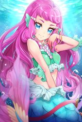Rule 34 | 1girl, blue eyes, bracelet, closed mouth, fins, head fins, highres, jewelry, laura (precure), looking at viewer, mermaid, midriff, monster girl, nail polish, pink hair, precure, sleeveless, smile, solo, tropical-rouge! precure, underwater, uta (yagashiro25)