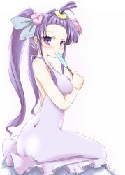 Rule 34 | 1girl, :t, alternate costume, alternate hairstyle, ass, bare shoulders, blush, bow, breasts, coo (coonekocoo), dress, eating, female focus, food, gradient background, hair bow, highres, long hair, looking at viewer, no headwear, patchouli knowledge, popsicle, purple dress, purple eyes, simple background, sitting, solo, sundress, touhou, twintails, white background