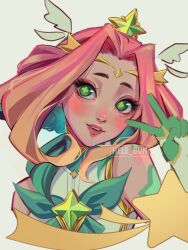 Rule 34 | 1girl, artist name, bare shoulders, blonde hair, bow, bowtie, colored skin, cropped torso, fang, gem, green bow, green bowtie, green skin, hair ornament, head wings, hele bun, highres, league of legends, multicolored hair, neeko (league of legends), parted bangs, red hair, simple background, solo, star (symbol), star guardian neeko, star hair ornament, teeth, two-tone hair, upper body, upper teeth only, v, white background, wings