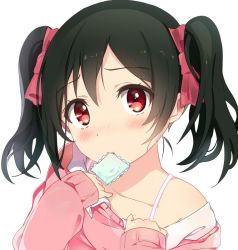 Rule 34 | 10s, 1girl, black hair, blush, bow, bra strap, clothes pull, condom, condom in mouth, face, hair bow, looking at viewer, love live!, love live! school idol project, mouth hold, off shoulder, ogipote, red eyes, short hair, short twintails, solo, sweater, sweater pull, twintails, white background, yazawa nico