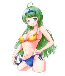 Rule 34 | 1girl, 2022 fifa world cup, :q, ahoge, ball, bikini, blue bikini, blue ribbon, breasts, busan no hamaguchi, closed mouth, commentary, cowboy shot, cropped legs, green hair, hair ribbon, halterneck, hand on own hip, highres, holding, holding ball, idolmaster, idolmaster million live!, licking lips, long hair, looking at viewer, medium breasts, mismatched bikini, navel, ribbon, shimabara elena, side-tie bikini bottom, simple background, smile, soccer ball, solo, standing, swimsuit, tongue, tongue out, white background, world cup, yellow bikini
