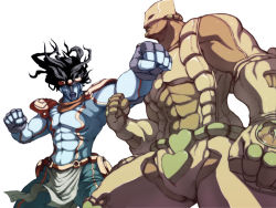 Rule 34 | 2boys, battle, black hair, caryo, clenched hand, jojo no kimyou na bouken, monster, multiple boys, muscular, outstretched arm, simple background, spread legs, stand (jojo), standing, star platinum, tabigarasu, the world, white background
