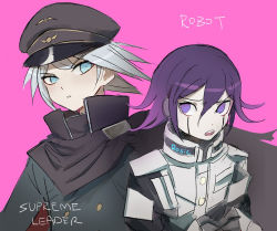 Rule 34 | 2boys, android, artist name, black cape, black headwear, black jacket, blue eyes, cape, commentary, cosplay, costume switch, danganronpa (series), danganronpa v3: killing harmony, hair between eyes, hat, jacket, k1-b0, looking at another, male focus, military, multiple boys, open mouth, oma kokichi, peaked cap, pink background, purple eyes, purple hair, qosic, short hair, simple background, sketch, upper body