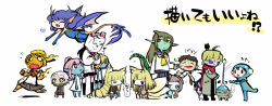 Rule 34 | 2boys, 6+girls, bad id, bad pixiv id, blue skin, character request, chibi, colored skin, dragon girl, dragon tail, green skin, monster girl, multiple boys, multiple girls, original, partially translated, pointy ears, red eyes, ryuujin no senpai, tail, translation request, ume (noraneko), wings