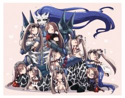 Rule 34 | 6+girls, absurdres, black dress, blue bodysuit, blue hair, bodysuit, bodysuit under clothes, border, braid, brown hair, carrying, centaur, chibi, chibi inset, closed eyes, commentary request, dress, extra arms, eyewear on head, facial hair, fate/grand order, fate (series), goatee, headpat, heart, height difference, highres, long braid, long hair, multiple girls, multiple persona, pink background, seeds328, single braid, sparkling eyes, sunglasses, taur, translation request, twintails, very long hair, white border, xiang yu (fate), yellow eyes, yu mei-ren (fate), yu mei-ren (first ascension) (fate), yu mei-ren (swimsuit lancer) (fate)