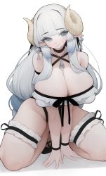 Rule 34 | 1girl, :3, arm support, black choker, blush, breasts, breasts squeezed together, choker, cleavage, curled horns, earrings, frills, grey eyes, hair intakes, highleg, highleg leotard, highres, horns, huge breasts, jewelry, kneeling, leaning forward, leotard, long hair, looking at viewer, mole, mole on breast, necklace, original, pointy ears, rabbit (wlsdnjs950), sidelocks, simple background, slit pupils, solo, sylphy (kerinyan), thick thighs, thigh strap, thighs, v arms, very long hair, white background, white hair