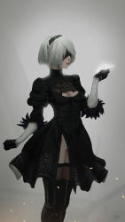 Rule 34 | 1girl, absurdres, black footwear, black gloves, black thighhighs, boots, breasts, cleavage, cleavage cutout, clothing cutout, gloves, hairband, highres, justin leyva (steamy tomato), looking away, medium breasts, nier (series), nier:automata, panties, short hair, solo, thigh boots, thighhighs, underwear, white hair, white panties, 2b (nier:automata)