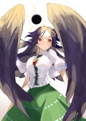 Rule 34 | 1girl, amano kokoko, bird wings, black hair, black hole, black wings, blush, collared shirt, commentary, cowboy shot, feathered wings, green skirt, handcannon, highres, long hair, looking at viewer, one-hour drawing challenge, parted bangs, red eyes, reiuji utsuho, shirt, short sleeves, skirt, smile, solo, third eye, touhou, white background, white shirt, wing collar, wings