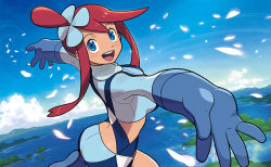 Rule 34 | 1girl, ass, blue eyes, breasts, creatures (company), feathers, game freak, gloves, gym leader, hair ornament, ishikawa hideki, looking at viewer, medium breasts, nintendo, official art, open mouth, outstretched arms, pokemon, pokemon bw, pokemon tcg, red hair, shorts, sky, skyla (pokemon), solo, strap, strap gap, third-party source
