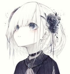 Rule 34 | 1girl, absurdres, ascot, black choker, black flower, black rose, blush, brooch, choker, collar, commentary, english commentary, eyes visible through hair, flower, grey eyes, hair between eyes, hair flower, hair ornament, hair over one eye, highres, hito komoru, jewelry, lace, looking away, looking up, open mouth, original, portrait, rose, short hair, simple background, solo, white ascot, white background, white hair