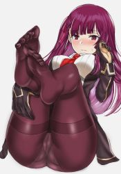 Rule 34 | 1girl, bad id, bad pixiv id, blunt bangs, blush, embarrassed, feet, foot focus, foreshortening, frown, full body, girls&#039; frontline, grey background, hair ribbon, hand on own thigh, long hair, looking at viewer, necktie, no shoes, panties, pantyhose, pov, purple eyes, purple hair, purple pantyhose, red necktie, ribbon, simple background, sitting, soles, solo, toes, underwear, wa2000 (girls&#039; frontline)