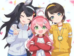 Rule 34 | 3girls, :d, ahoge, animal ear fluff, animal ears, aqua eyes, black hair, blue eyes, brown hair, closed eyes, closed mouth, commentary request, crossed arms, green eyes, hair ornament, hairband, hand on another&#039;s head, highres, hololive, jacket, long hair, long sleeves, looking at viewer, low-tied long hair, machico maki, multicolored hair, multiple girls, ookami mio, oozora subaru, open clothes, open jacket, open mouth, pants, pink hair, red hair, red hairband, sakura miko, shirt, short hair, smile, streaked hair, swept bangs, tail, track jacket, track pants, track suit, upper body, v, very long hair, virtual youtuber, white hair, white hairband, white shirt, wolf ears, wolf girl, wolf tail, yellow hairband, zipper