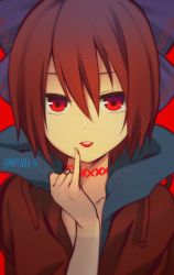 Rule 34 | 1girl, artist name, bad id, bad pixiv id, blue bow, bow, collarbone, commentary request, drawstring, finger to mouth, hair between eyes, hair bow, hand up, high collar, jacket, lips, lipstick, looking at viewer, makeup, nnyara, parted lips, pinky out, red background, red eyes, red hair, red jacket, red lips, sekibanki, short hair, simple background, solo, touhou, twitter username, upper body