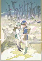 Rule 34 | 2boys, anni de chengzi mao, artist name, bag, bird, black footwear, blue headwear, blue shirt, boots, branch, brown eyes, brown hair, bush, closed eyes, closed mouth, cloud, crow, dragon, earrings, forest, gloves, grass, green footwear, green headwear, helmet, highres, holding, holding sword, holding weapon, jewelry, light, light brown hair, looking down, moon, multiple boys, nature, original, outdoors, red moon, shirt, short sleeves, signature, sky, standing, sword, tree, weapon, white gloves