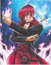Rule 34 | 1boy, 2021, artist name, belt, black choker, black coat, choker, coat, fighting stance, fire, fireball, full moon, highres, long sleeves, male focus, moon, night, night sky, pants, pectoral peek, ravernclouk design, red eyes, red hair, red pants, red shirt, shirt, short hair, sky, snk, solo, standing, the king of fighters, traditional media, yagami iori