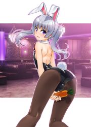 Rule 34 | 1boy, animal ears, aogiri penta, ass, between legs, blunt bangs, blush, booth seating, bulge, carrot, crossdressing, detached collar, fake animal ears, food, grey hair, highres, holding, holding food, holding vegetable, leotard, looking at viewer, looking back, male playboy bunny, open mouth, original, pantyhose, playboy bunny, purple eyes, rabbit tail, restaurant, sidelocks, tail, trap, twintails, vegetable