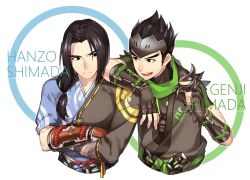 Rule 34 | 2boys, aged down, armor, black eyes, black hair, brothers, byakuya0315, character name, crossed arms, eyelashes, forehead protector, genji (overwatch), hanzo (overwatch), headband, japanese clothes, long hair, low-tied long hair, male focus, multiple boys, open mouth, overwatch, overwatch 1, short hair, shuriken, siblings, simple background, smile, sparrow genji, weapon, white background, young master hanzo
