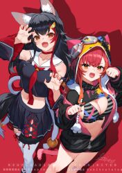 2girls animal_ears animal_hood arm_up bare_shoulders black_hair black_jacket black_shirt black_skirt breasts claw_pose cleavage cleavage_cutout clothing_cutout crop_top crop_top_overhang detached_sleeves goggles goggles_on_headwear hololive hood iris_black_games izumi_sai jacket large_breasts long_sleeves midriff miniskirt multiple_girls navel nekota_tsuna ookami_mio open_mouth orange_eyes paw_pose pleated_skirt red_hair sailor_collar school_uniform serafuku shirt skirt sleeveless sleeveless_shirt smile stomach tail thighhighs v-shaped_eyebrows virtual_youtuber vspo! white_thighhighs wide_sleeves wolf_ears wolf_tail