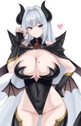 Rule 34 | 1girl, absurdres, bare shoulders, black gloves, black leotard, blue eyes, blush, boots, breast tattoo, breasts, brown wings, cleavage, closed mouth, collarbone, covered navel, cowboy shot, crimecrime, demon girl, demon horns, demon wings, elbow gloves, ethel (xenoblade), fingerless gloves, fingernails, gloves, grey hair, groin, halloween costume, hand on own hip, heart, highres, horns, large breasts, leotard, long fingernails, long hair, looking at viewer, nail polish, red nails, smile, solo, strapless, strapless leotard, tattoo, thigh boots, v-shaped eyebrows, very long hair, wings, xenoblade chronicles (series), xenoblade chronicles 3