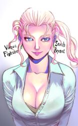 Rule 34 | 1girl, alternate costume, blonde hair, blue eyes, bra, bralines, breasts, character name, cleavage, collarbone, collared shirt, commentary request, copyright name, earrings, forehead, grey bra, hair pulled back, highres, jewelry, large breasts, long hair, looking away, partially unbuttoned, pink lips, ponytail, sarah bryant, shirt, solo, takahiko denki, underwear, v arms, virtua fighter, white shirt